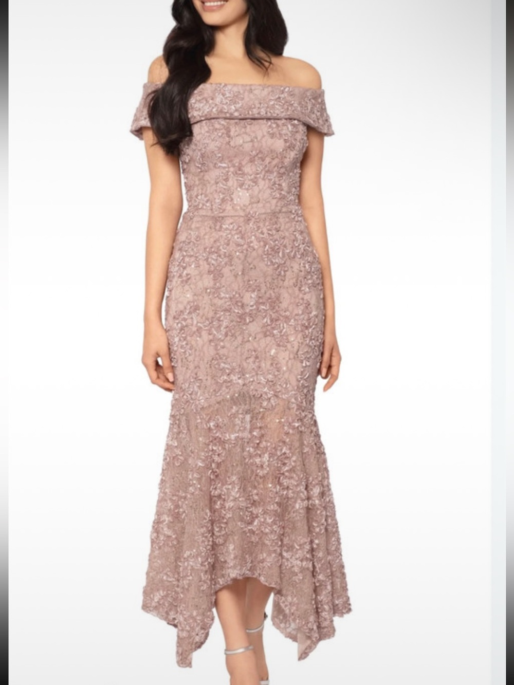 Xscape Evenings Embroidered Off the shoulder Midi Cocktail Dress